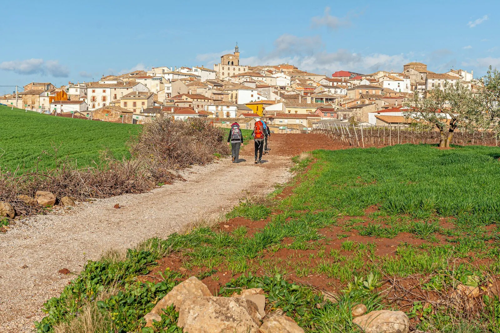 Two walkers with backpacks on a gravel track toward a hilltop village in Navarre, Spain